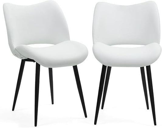 Modern Upholstered Dining Chairs Set of 2 Accent Dinner Chair with Pu Faux Leather and Middle Curved Back for Kitchen Living Room Bedroom (White)