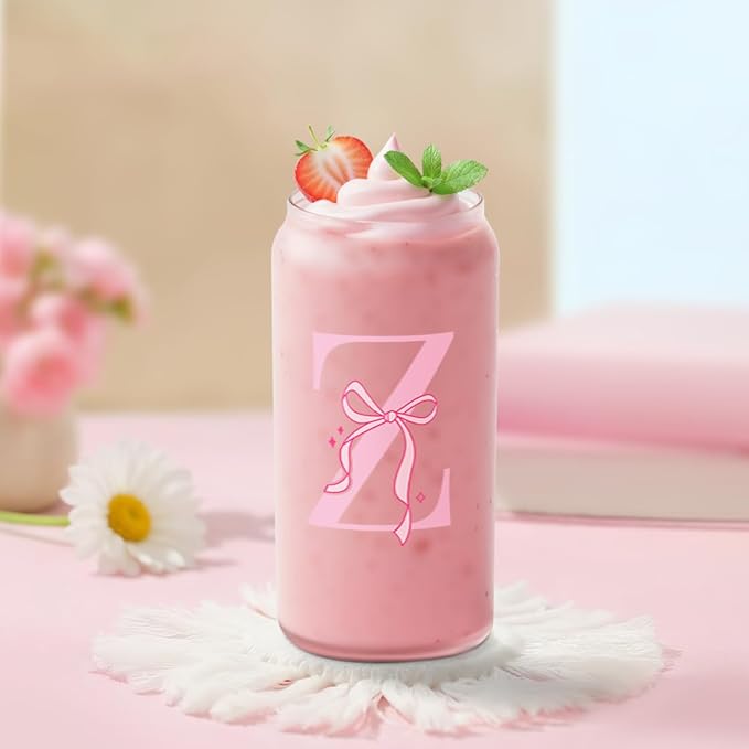 SANDJEST Monogrammed Glass Drinking Can Cup with Acrylic Lid and Straw, Personalized Frosted Iced Coffee Tumbler 16oz, Monogram Initial Gifts for Women Girls on Birthday (Z)