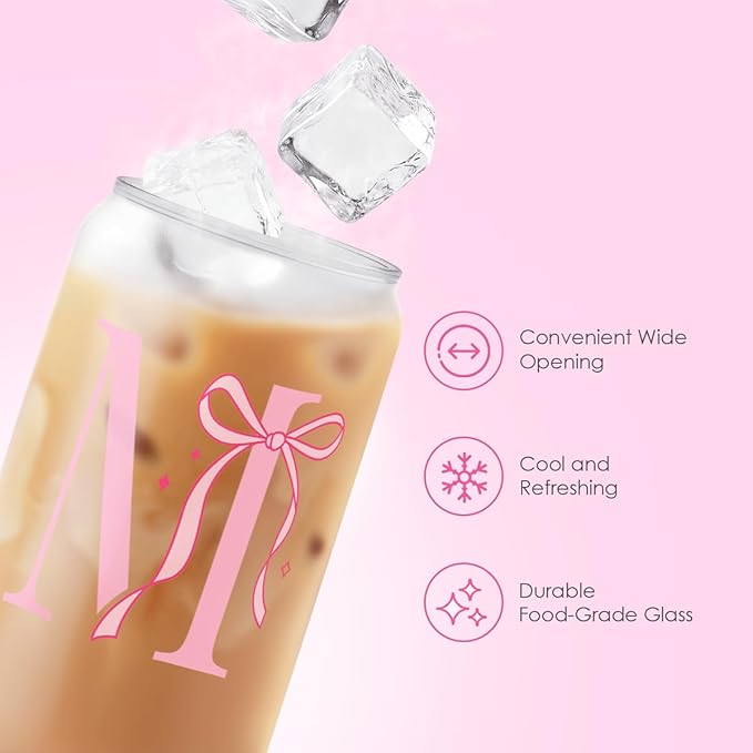 SANDJEST Monogrammed Glass Drinking Can Cup with Acrylic Lid and Straw, Personalized Frosted Iced Coffee Tumbler 16oz, Monogram Initial Gifts for Women Girls on Birthday (M)