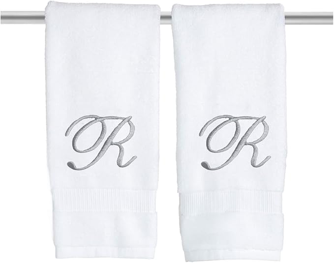White Monogrammed Hand Towels for Bathroom - Luxury Hotel Quality Personalized Initial Embroidered Towel for Powder Room, Spa - GOTS Organic Certified - Set of 2 Silver Letter R