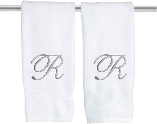 White Monogrammed Hand Towels for Bathroom - Luxury Hotel Quality Personalized Initial Embroidered Towel for Powder Room, Spa - GOTS Organic Certified - Set of 2 Silver Letter R