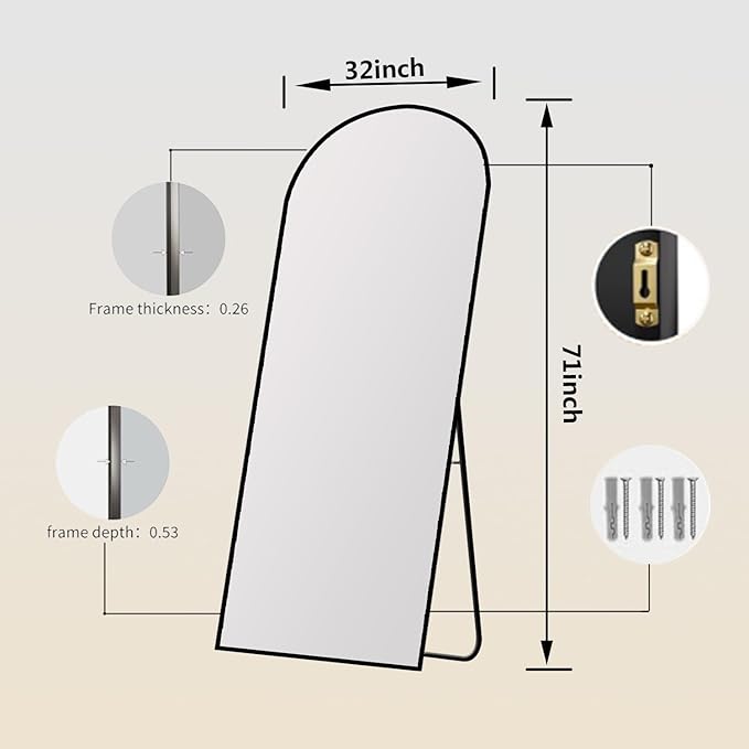 Arched Full Length Mirror,71" L x 32" W Floor Mirror, Aluminum Alloy Frame, Shatterproof Glass - Free Standing, Leaning or Wall Mounted for Bedroom, Living Room, Entryway, Modern Home (Black)