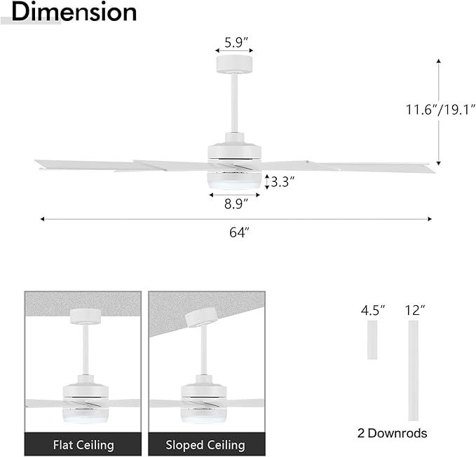 64" Ceiling Fan with Light White, 6-Speed Remote Control, Reversible DC Motor, Modern 9 Blades with 4.5"/12" Downrods for Home or Commercial, Living Room/Restaurant