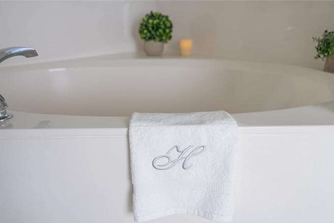 White Monogrammed Hand Towels for Bathroom - Luxury Hotel Quality Personalized Initial Embroidered Towel for Powder Room, Spa - GOTS Organic Certified - Pack of 2 Silver, Letter H