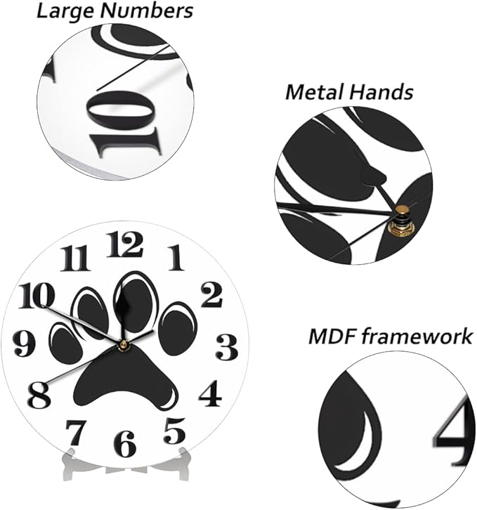 Cat Dog Paw Print Wall Clock Battery Operated 10 in Round Wall Clocks Slilent Non Ticking Quartz Analog Clock for Bedroom Kids Living Room Classroom Decor