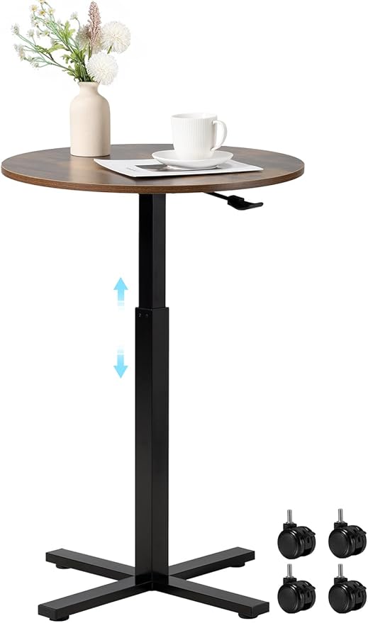 Bar Table,Round Dining Table with Height Adjustment,23.8-Inch Top, 41 Inch Adjustable Range, Comes with 4 Wheels, Ideal for Small Bar & Café, Rustic Brown
