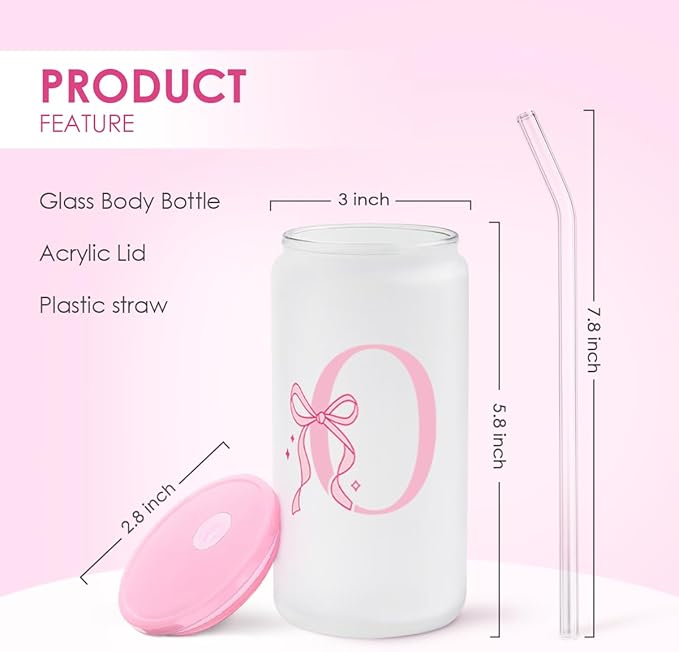 SANDJEST Monogrammed Glass Drinking Can Cup with Acrylic Lid and Straw, Personalized Frosted Iced Coffee Tumbler 16oz, Monogram Initial Gifts for Women Girls on Birthday (O)
