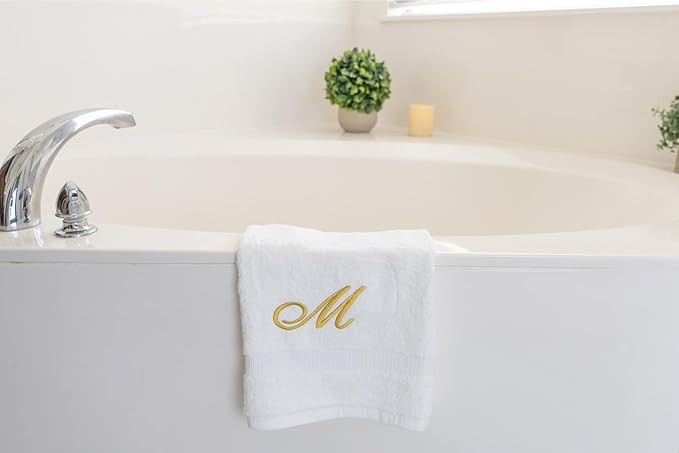 White Monogrammed Hand Towels for Bathroom - Luxury Hotel Quality Personalized Initial Embroidered Towel for Powder Room, Spa - GOTS Organic Certified - Pack of 2 Gold, Letter M