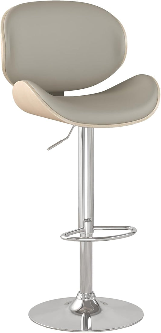 Adjustable Swivel Bar Stools 1 PC, Modern Bentwood Barstool with Large Metal Base and Footrest, PU Leather Upholstered Bar Chair with Curved Back for Kitchen Island Dining Room, Gray