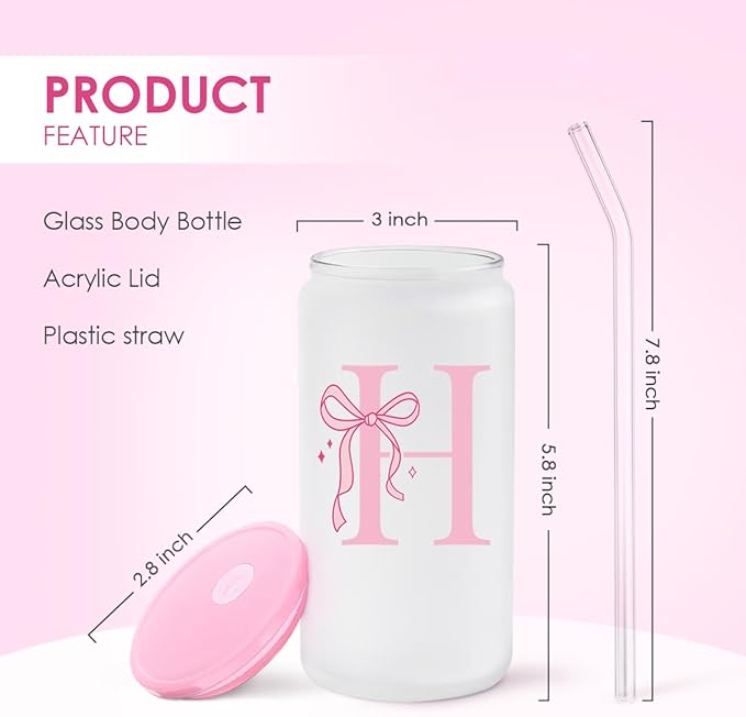 SANDJEST Monogrammed Glass Drinking Can Cup with Acrylic Lid and Straw, Personalized Frosted Iced Coffee Tumbler 16oz, Monogram Initial Gifts for Women Girls on Birthday (H)