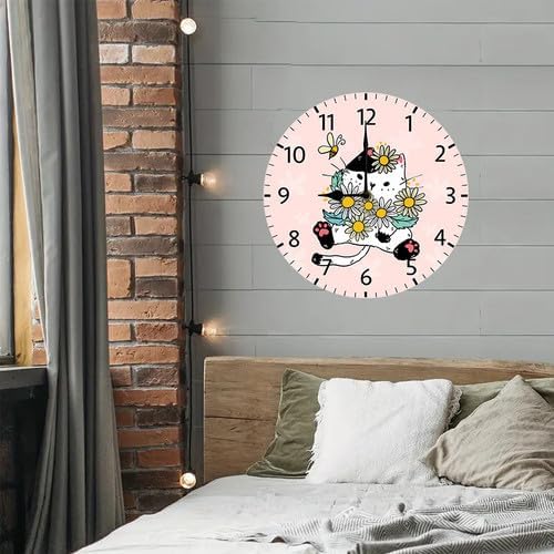 Wall Clock,Cat with Flowers Kitchen Decor and Accessories, Decorative Battery Operated Clocks for Living Room Bedroom Bathroom Farmhouse 12 Inch