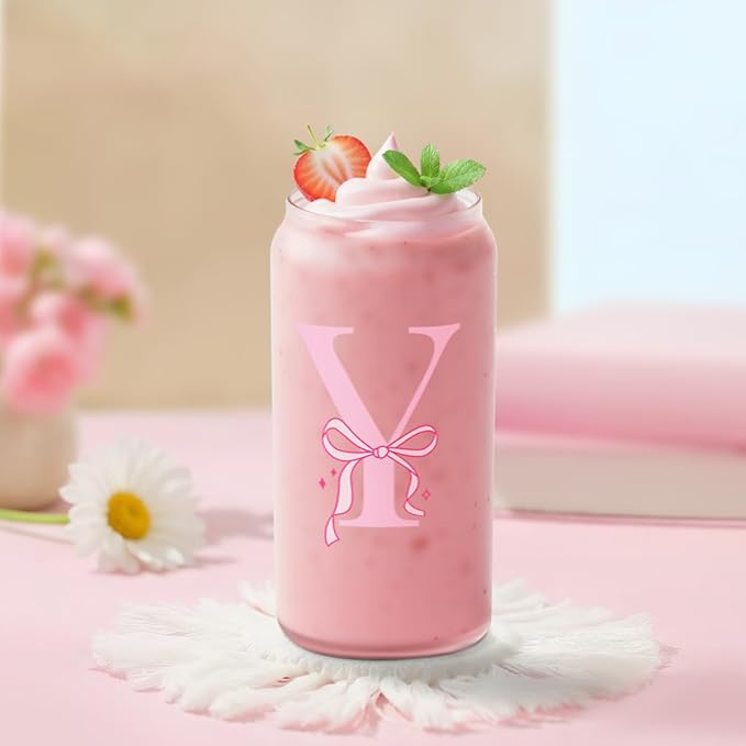 SANDJEST Monogrammed Glass Drinking Can Cup with Acrylic Lid and Straw, Personalized Frosted Iced Coffee Tumbler 16oz, Monogram Initial Gifts for Women Girls on Birthday (Y)