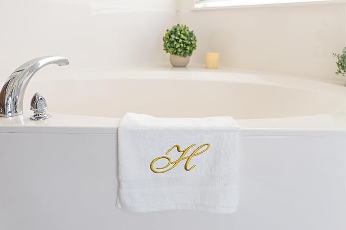 White Monogrammed Hand Towels for Bathroom - Luxury Hotel Quality Personalized Initial Embroidered Towel for Powder Room, Spa - GOTS Organic Certified - Pack of 2 Gold, Letter H