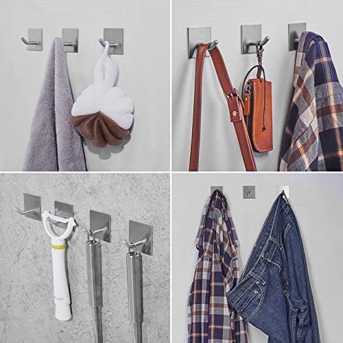 Heavy Duty Adhesive Hooks, Stick on Wall Adhesive Hangers, Strong Stainless Steel Holder, Self Adhesive Hooks for Kitchen Bathroom Home Door Towel Coat Key Robe 6 Packs Silver