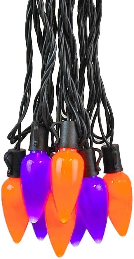 Novelty Lights 25 Feet 25 Light C9 Ceramic Style LED String Lights, Purple/Orange, Pre-Lamped Halloween Lights on Black Wire, UL Listed Indoor/Outdoor, Connectable End-to-End
