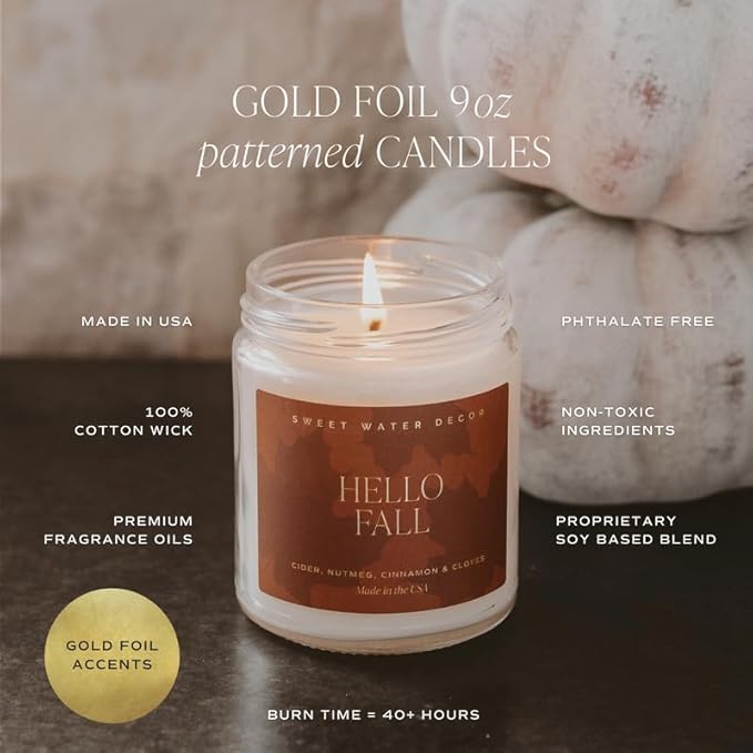 Sweet Water Decor Autumn Orchard Candle, Autumn Scented Notes of Citrus, Cinnamon, & Apples, 40+ Hour Burn Time, Non-Toxic Soy Wax Blend, Poured in The USA, Cotton Wick, 9oz Glass Jar with Gold Lid