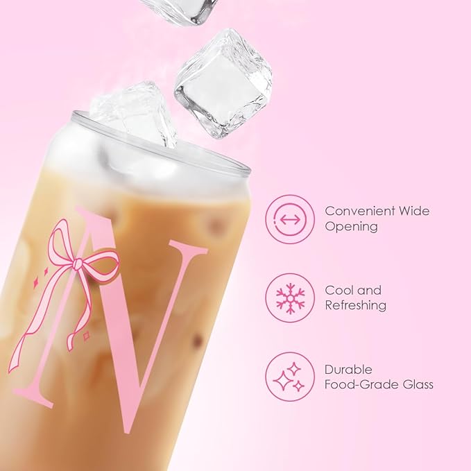 SANDJEST Monogrammed Glass Drinking Can Cup with Acrylic Lid and Straw, Personalized Frosted Iced Coffee Tumbler 16oz, Monogram Initial Gifts for Women Girls on Birthday (N)