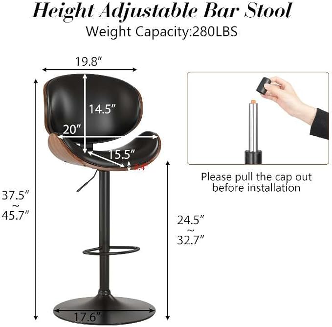 KCC Bar Stools Set of 4, Swivel Adjustable Height Barstools, PU Leather Upholstered Bar Chairs with Footrest, Bentwood Bar Stool for Kitchen, Bar, Dining Room(Black PU)