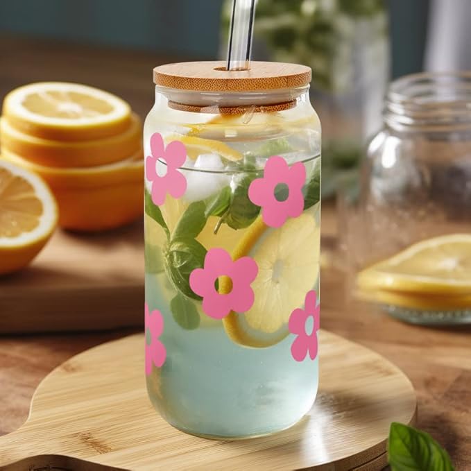Mason Life Glass Cups with Lids and Straws, 20OZ Can Shaped Glass Cups, Drinking Glasses, Iced Coffee Glasses Cup, Smoothie Cups, Tumbler Glass, Reusable Iced Coffee Cup Drinking Glasses -Set of 2