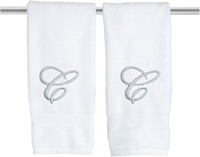 White Monogrammed Hand Towels for Bathroom - Luxury Hotel Quality Personalized Initial Embroidered Towel for Powder Room, Spa - GOTS Organic Certified - Set of 2 Silver Letter C