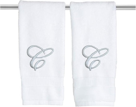 White Monogrammed Hand Towels for Bathroom - Luxury Hotel Quality Personalized Initial Embroidered Towel for Powder Room, Spa - GOTS Organic Certified - Set of 2 Silver Letter C
