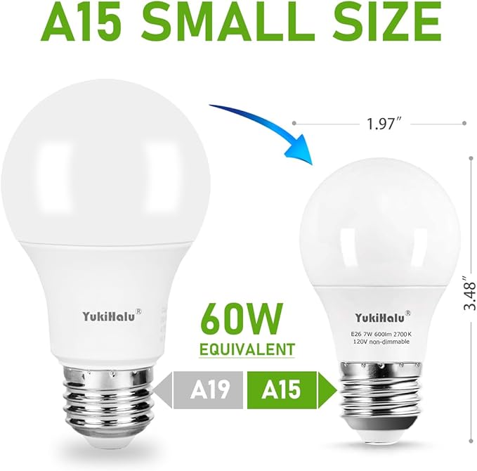 YukiHalu A15 LED Light Bulbs, 60W Equivalent, E26 Base, 2700K/3000K/5000K White, 7W 600 Lumens 120V, UL Listed, Ceiling Fan Light Bulbs, Appliance Bulb, Not Dimmable, Pack of 6 (2700K Soft White)