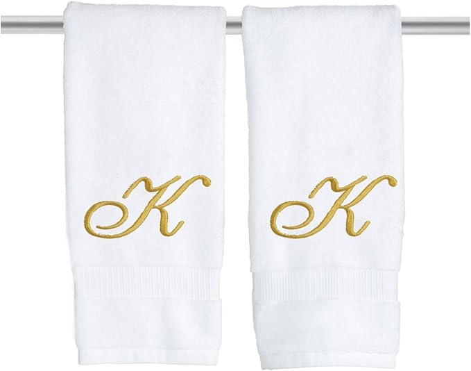 White Monogrammed Hand Towels for Bathroom - Luxury Hotel Quality Personalized Initial Embroidered Towel for Powder Room, Spa - GOTS Organic Certified - Set of 2 Gold Letter K