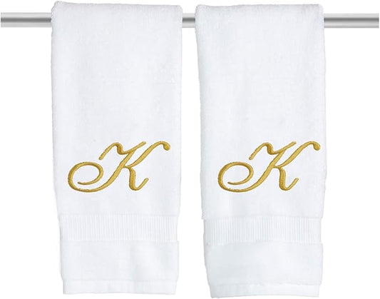White Monogrammed Hand Towels for Bathroom - Luxury Hotel Quality Personalized Initial Embroidered Towel for Powder Room, Spa - GOTS Organic Certified - Set of 2 Gold Letter K