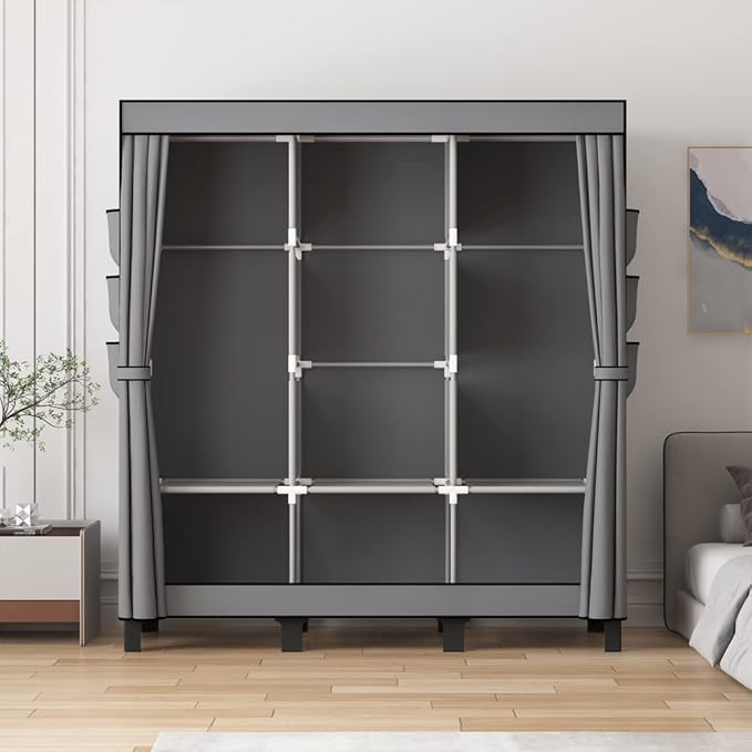 Portable Closet, Clothes Storage Box, Simple Wardrobe for Hanging Clothes, Multiple Shelves and 3 booms,6 Side Pockets (Grey) (Grey, Large)