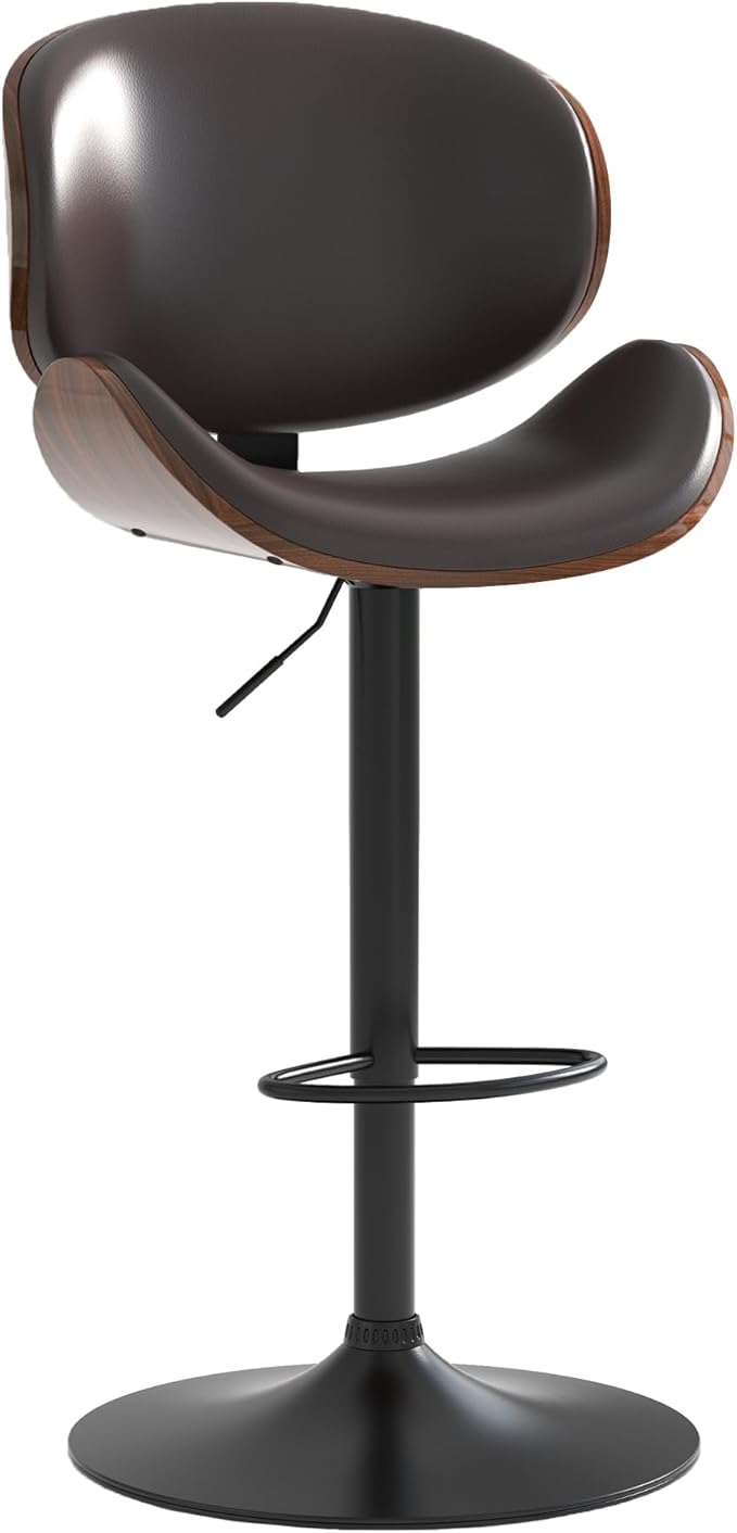 Adjustable Swivel Bar Stools 1 PC, Modern Bentwood Barstool with Large Metal Base and Footrest, PU Leather Upholstered Bar Chair with Curved Back for Kitchen Island Dining Room, Brown