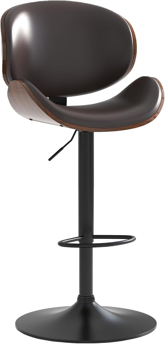 Adjustable Swivel Bar Stools 1 PC, Modern Bentwood Barstool with Large Metal Base and Footrest, PU Leather Upholstered Bar Chair with Curved Back for Kitchen Island Dining Room, Brown