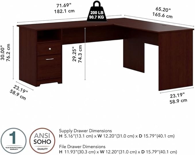 Bush Furniture Cabot 72W L Shaped Computer Desk with Drawers in Harvest Cherry