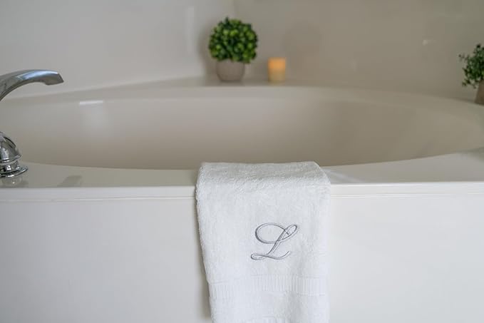 White Monogrammed Hand Towels for Bathroom - Luxury Hotel Quality Personalized Initial Embroidered Towel for Powder Room, Spa - GOTS Organic Certified - Pack of 2 Silver, Letter L