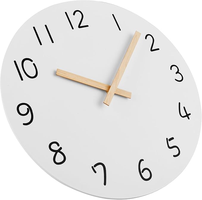 Plumeet 16'' Extra Large Wall Clock Frameless Wooden Clocks with Silent Quartz Movement - Modern Style Village Wall Clocks Decorative Home Kitchen - Battery Operated (White)