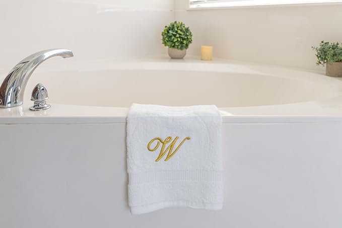 White Monogrammed Hand Towels for Bathroom - Luxury Hotel Quality Personalized Initial Embroidered Towel for Powder Room, Spa - GOTS Organic Certified - Set of 2 Gold Letter W