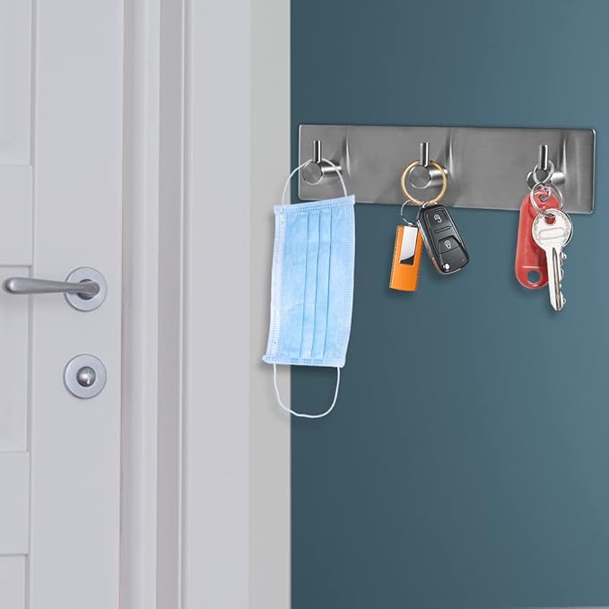 Picowe Key Holder for Wall Decorative, Adhesive Stainless Steel Key Hooks, Key Hanger Key Organizer for Wall, Towel Hook Coat Hanger for Entryway Hallway Kitchen(Three Rows,Sliver 1PCS)