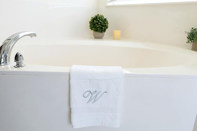 White Monogrammed Hand Towels for Bathroom - Luxury Hotel Quality Personalized Initial Embroidered Towel for Powder Room, Spa - GOTS Organic Certified - Set of 2 Silver Letter W
