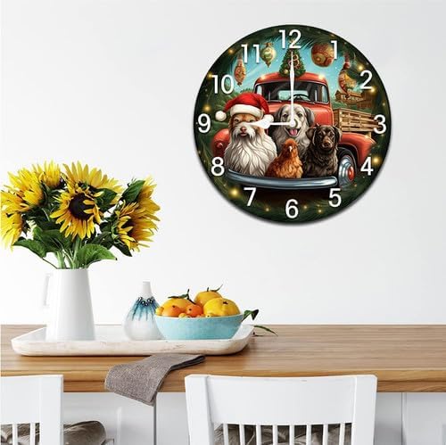 Christmas Dogs Chicken Truck Wall Clock Large Silent Non-Ticking Battery Operated Modern Clocks for Living Room Decor/Bedroom/Office (10x10 in)