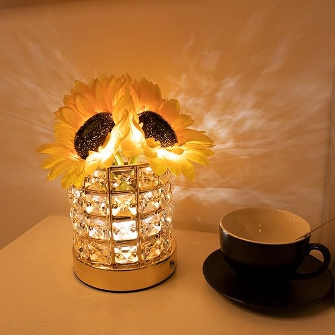 Crystal Cube LED Night Light with Sunflower Vase, USB Rechargeable Table Lamp, 3 Color Modes, Touch Control, Decorative Accent Light for Bedroom, Home (Crystal Column/Pillar (Sunflower))