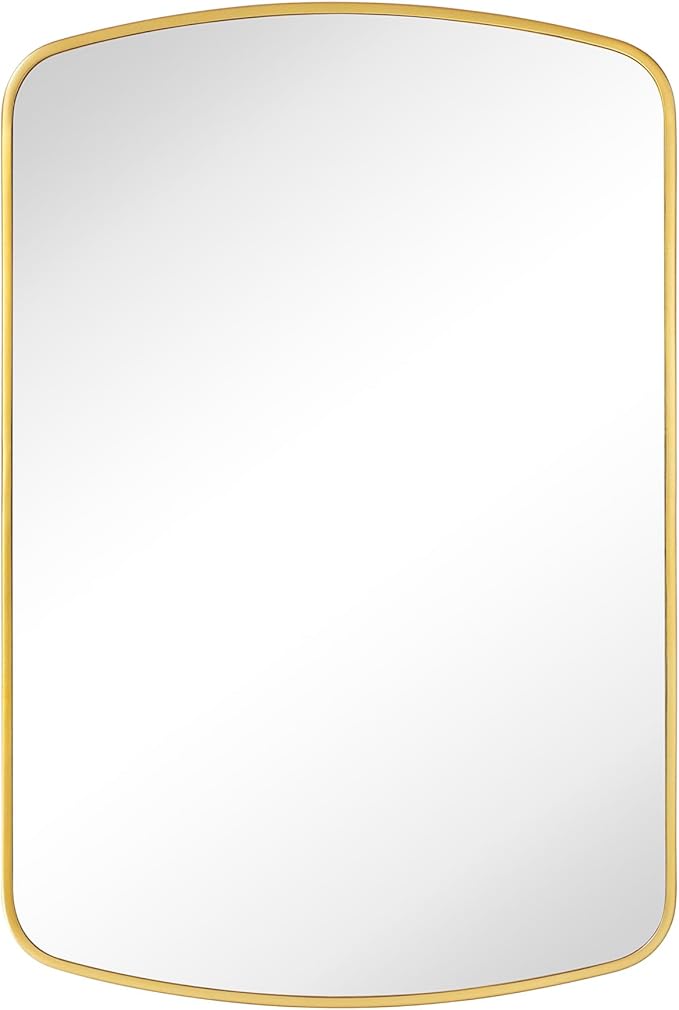 Brushed Gold Arched Recessed and Surface Mount Bathroom Medicine Cabinet with Mirror Metal Framed Rectangular Bathroom Cabinet with 3 Tempered Glass Adjustable Shelves 18x27''