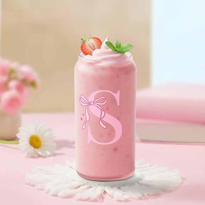 SANDJEST Monogrammed Glass Drinking Can Cup with Acrylic Lid and Straw, Personalized Frosted Iced Coffee Tumbler 16oz, Monogram Initial Gifts for Women Girls on Birthday (S)