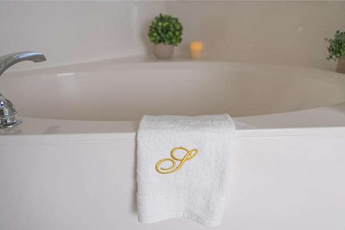 White Monogrammed Hand Towels for Bathroom - Luxury Hotel Quality Personalized Initial Embroidered Towel for Powder Room, Spa - GOTS Organic Certified - Pack of 2 Gold, Letter S