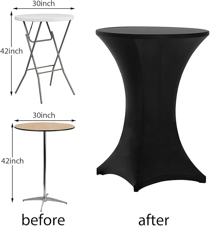 Tina 8 Pack 30x42 Inch Highboy Spandex Cocktail Table Covers Black, Fitted Stretch Cocktail Tablecloth for Round Tables (8PC 30X42 Black)