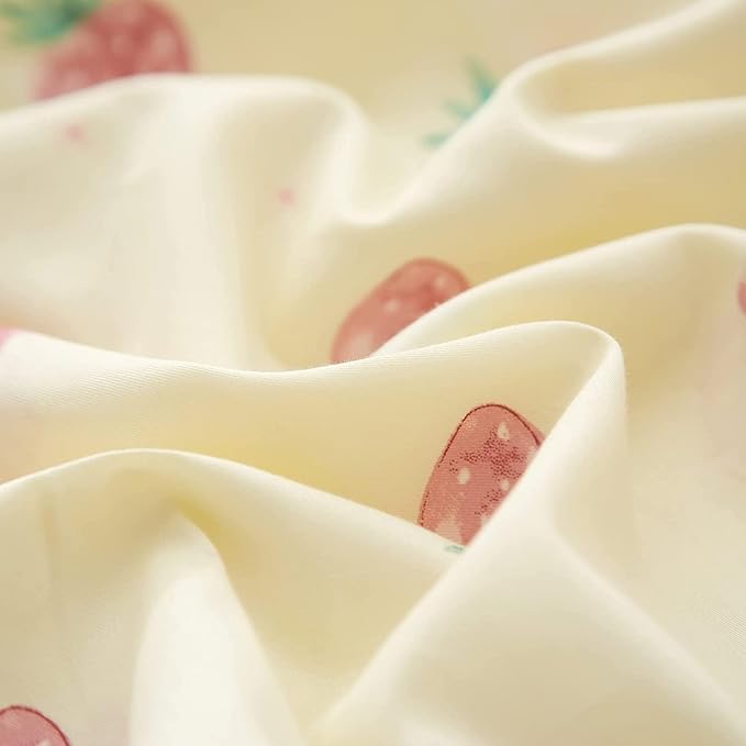 Kawaii Kids Strawberry Bedding Sets - Twin Duvet Cover & 2 Pillowcases, Soft 100% Cotton Comforter, Cream White