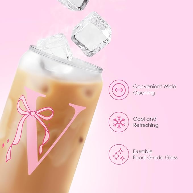 SANDJEST Monogrammed Glass Drinking Can Cup with Acrylic Lid and Straw, Personalized Frosted Iced Coffee Tumbler 16oz, Monogram Initial Gifts for Women Girls on Birthday (V)