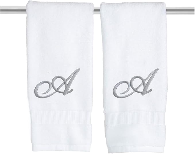 White Monogrammed Hand Towels for Bathroom - Luxury Hotel Quality Personalized Initial Embroidered Towel for Powder Room, Spa - GOTS Organic Certified - Pack of 2 Silver, Letter A