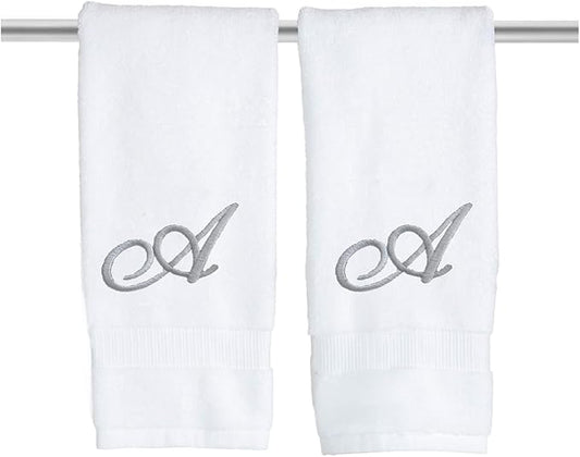 White Monogrammed Hand Towels for Bathroom - Luxury Hotel Quality Personalized Initial Embroidered Towel for Powder Room, Spa - GOTS Organic Certified - Pack of 2 Silver, Letter A