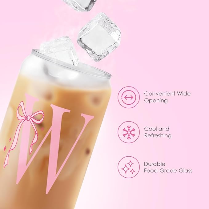 SANDJEST Monogrammed Glass Drinking Can Cup with Acrylic Lid and Straw, Personalized Frosted Iced Coffee Tumbler 16oz, Monogram Initial Gifts for Women Girls on Birthday (W)
