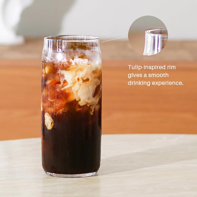 24oz Drinking Glass with Bamboo Lid and Straw, 2 Pack Glass Tumbler for Beer, Iced Coffee, Matcha Cup with 2 Straw Brush