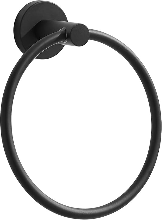 GGStudy Matte Black Towel Ring Hand Towel Holder for Bathroom Solid SUS 304 Stainless Steel, Kitchen Bath Towel Holder Hangers Heavy Duty Storage Round Wall Mount